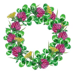Fototapeten Clover wreath, pink and yellow flowers © Nina Hlupich