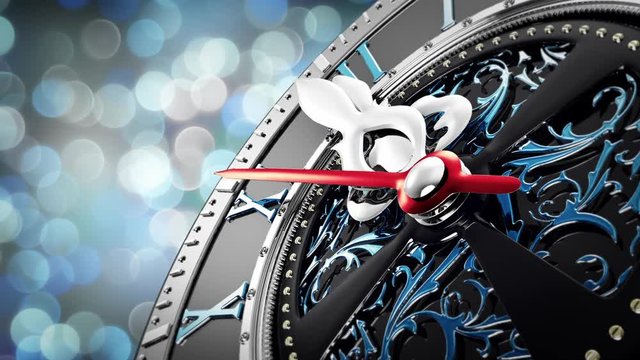 New Year's at midnight - Old clock with stars snowflakes and holiday lights.