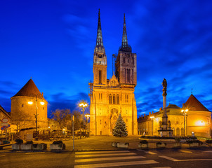 View of Cathedral in Zagreb, Croatia. Christmas decorations in front of cathedral.