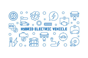 Hybrid electric vehicle horizontal line banner. Vector Hybrid EV concept illustration in thin line style