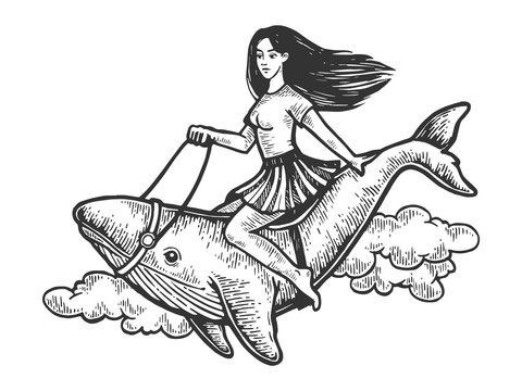 Sexy beauty girl riding whale flying through the sky vintage engraving vector illustration. Scratch board style imitation. Black and white hand drawn image.