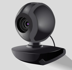 Realistic black webcam. Security and technology concept. Isolated Vector illustration. Isometric.