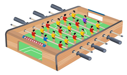 Table Football Game Hobby or Leisure Isometric View. Wooden Table Soccer. Sport team football players. For entertainment sports. Play and fun concept. Kicker, bar football. Kids foosball.