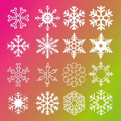 Snowflake vector icon gradient background set. UFO green and plastic pink gradient. 2019 Trend. Winter white christmas snow flake crystal element. Weather illustration ice collection.