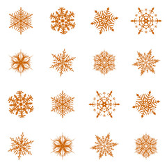 Snowflake vector icon background set golden color. Winter white christmas snow flake crystal element. Weather illustration ice collection. Xmas frost flat isolated silhouette symbol