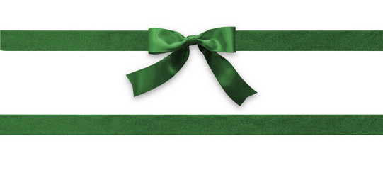 Green bow ribbon band satin emerald stripe fabric (isolated on white background with clipping path)...
