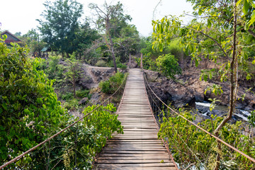 Hanging wooden bridge southern Laos