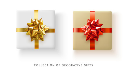 Set of decorative gifts with color satin bow isolated on white.