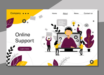 Online support landing page, 24h customer service for web page, hotline technical support, virtual help service - vector illustration