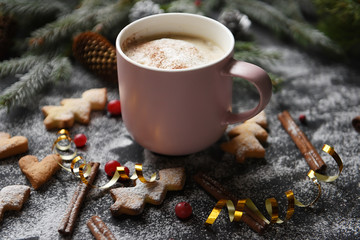 Homemade cookies and sprigs of Christmas trees on a dark background.
Flat lay with bright christmas decoration. New year celebration and christmas concept
