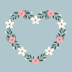 Floral greeting card and invitation template for wedding or birthday anniversary, Vector heart shape of text box label and frame, Colorful flowers wreath ivy style with branch and leaves.