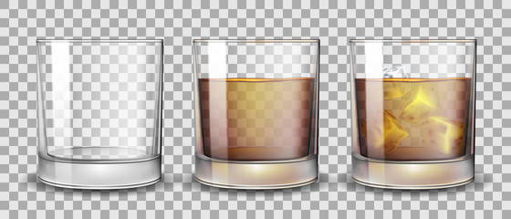 Set of whiskey, rum, bourbon or cognac glasses with Alcohol and without. Transparent Alcohol glasses Drink in a realistic style. Vector 3d illustration