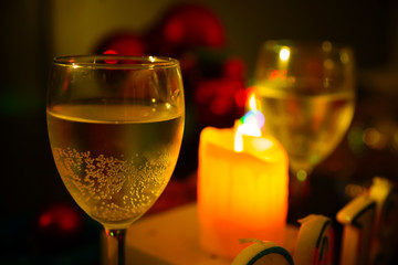 Glasses of champagne and new year decorations