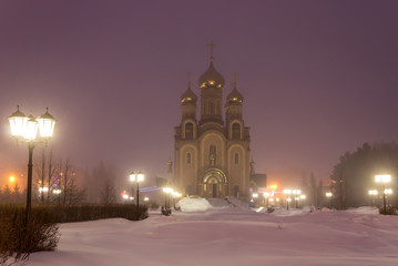 Orthodox temple in the winter night