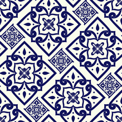Portuguese tile pattern seamless vector with vintage ornaments. Portugal azulejos, mexican talavera, italian sicily majolica, delft dutch, spanish ceramic. Mosaic texture for kitchen or bathroom.