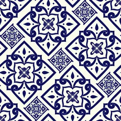Deurstickers Portugese tegeltjes Portugese tegel patroon naadloze vector met vintage ornamenten. Portugal azulejos, mexicaanse talavera, italiaanse sicilië majolica, delft nederlands, spaans keramiek. Mozaïektextuur voor keuken of badkamer.