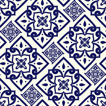 Portuguese tile pattern seamless vector with vintage ornaments. Portugal azulejos, mexican talavera, italian sicily majolica, delft dutch, spanish ceramic. Mosaic texture for kitchen or bathroom.