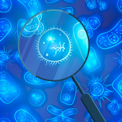 Bright glowy biology cells, bacterias and virus in blue water under magnifying glass