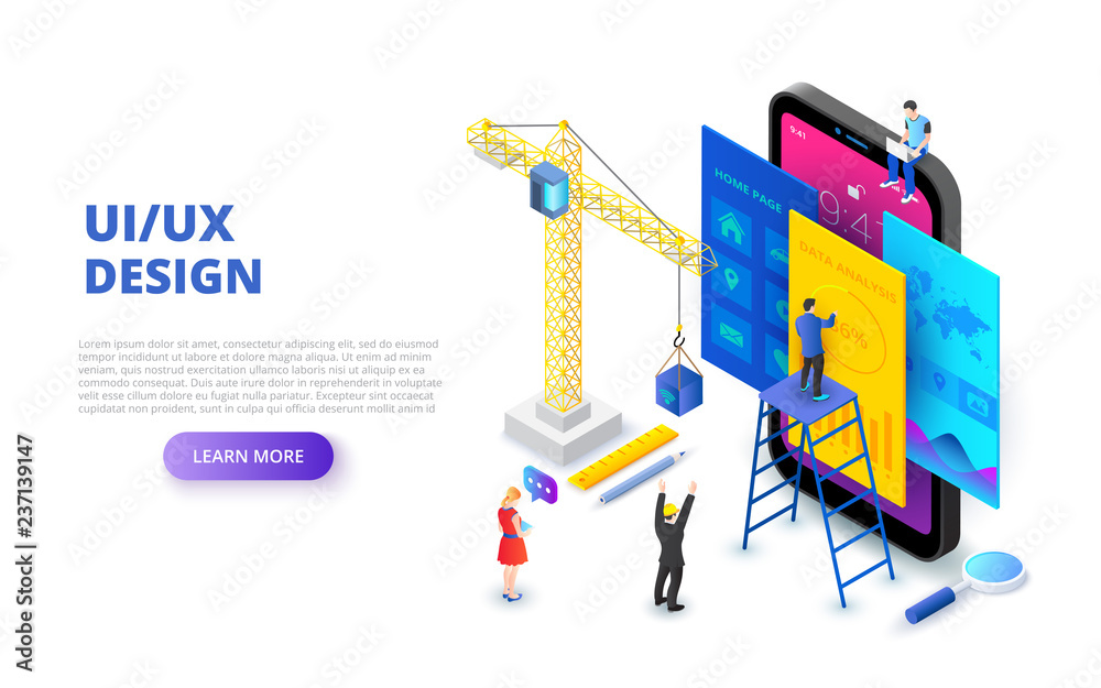 Poster ui design concept with smartphone, crane and people. isometric vector illustration. landing page tem