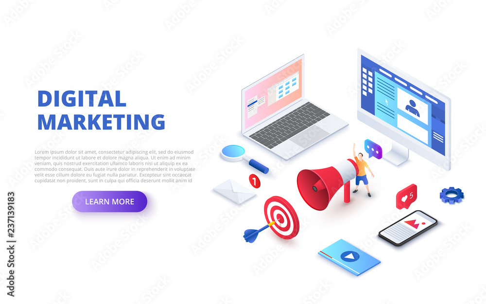 Poster digital marketing design concept with computer, hand speaker and smartphone. isometric vector illust