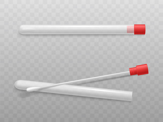 Cotton swabs in plastic tube with red cap 3d realistic vector isolated on transparent background. Equipment for medical or scientific test. Tool for collecting biological material for genetic research