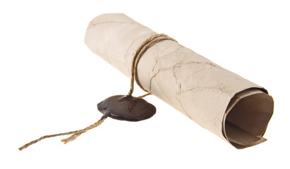 roll of old paper with a wax seal isolated on white background