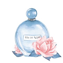 Roses and bottle of perfume. Watercolor illustration