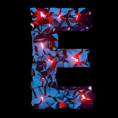 Luminous letter E composed of abstract polygonal shapes