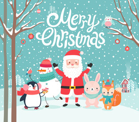 Cute characters hugging - Santa Claus, squirrel, rabbit, penguin and snowman. Merry Christmas card.