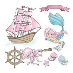 MERMAID SHIP Sea Travel Color Vector Illustration Set for Print, Birthday, Party, Wall Decorations, Scrapbooking and Card