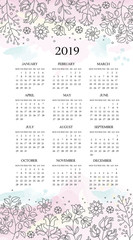 CALENDAR 2019 Ethnic Decorative Floral Folk Ornament Color Vector Illustration for Print
