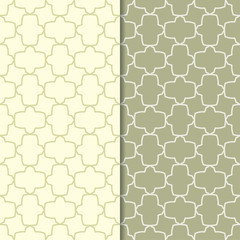 Olive green geometric ornaments. Set of seamless patterns