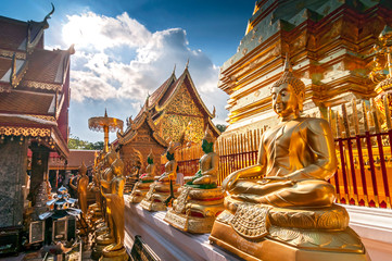 Line of Golden Buddhas at Wat Phrathat Doi Suthep Chiang Mai Thailand. - obrazy, fototapety, plakaty