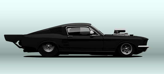 Vector illustration. Black dragster in vector shown from the side.