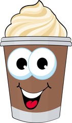 Coffee with whipped cream. Coffee in a cup without a handle. Coffee take away, dalivery. Funny cartoon character.