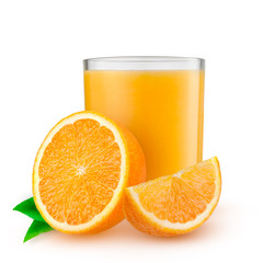 Isolated drink. Glass of orange juice and slices of orange fruit isolated on white background