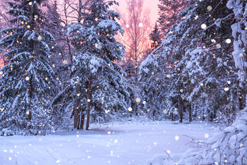 winter landscape with forest, trees and sunrise