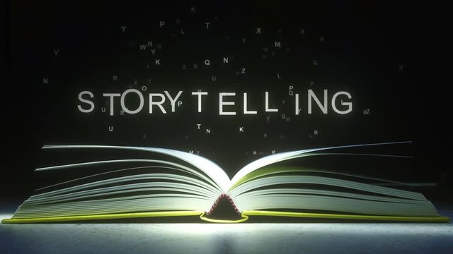 Letters fly off the open book pages to form STORYTELLING text. 3D animation