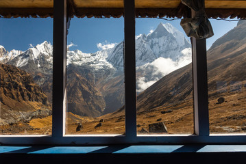 Machapuchare ( Fish Tail) and Gangapurna glacier through the window in Annapurna Base camp, Himalayas