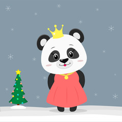 Happy New Year and Merry Christmas Greeting Card. Cute little panda dressed as a princess. Christmas tree in winter. The symbol of the new year in the Chinese calendar. Vector