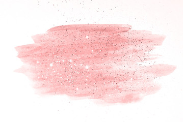 Abstract pink watercolor splash and golden glitter in vintage nostalgic colors. - obrazy, fototapety, plakaty