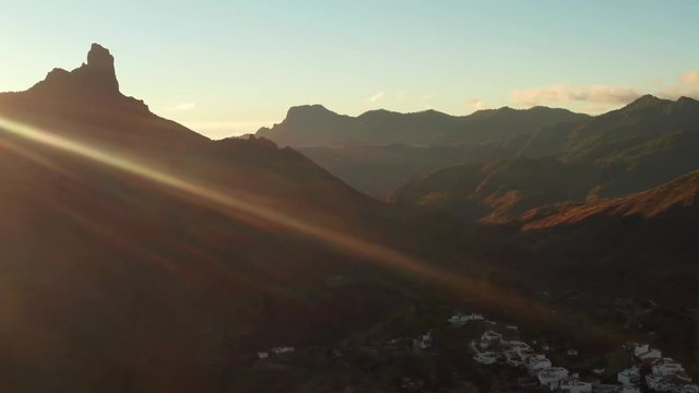 Gran Canaria mountain village view. Teror village at sunset. Aerial scene. 