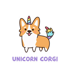 Cute dog breed welsh corgi in a unicorn costume with horn and colorful tail. It can be used for sticker, patch, phone case, poster, t-shirt, mug and other design.