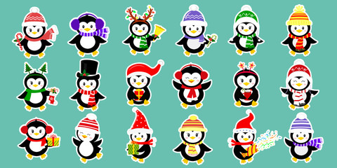 Mega-set of stickers of eighteen cute characters of penguins in different hats and accessories in white stroke. Celebrates New Year and Christmas. Cartoon style, vector