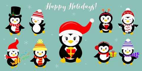 A set of nine happy penguin characters in different hats and accessories. Celebrates New Year and Christmas. Cartoon style, vector