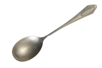 Top view of old silver beautiful tea spoon isolated on white background