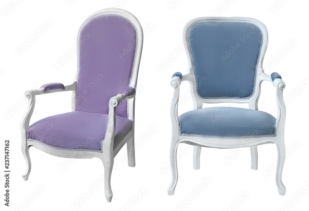 Wall mural Two vintage white wooden chairs with blue and purple velvet upholstery. Retro style. Vintage furniture