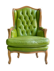Elegant vintage wooden armchair with leather upholstery and pillow