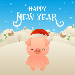 Naklejka premium Cute cartoon pig in Santa Claus hat character Happy New Year background