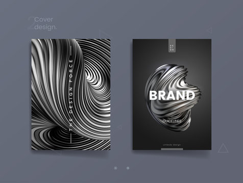 Dark abstract cover template with 3d silver twisted shape, can be used for luxury cosmetic brand, finance journal and brandbook design. Vector illustration